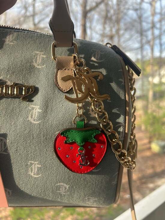 Juicy Couture Denim Days Gothic Logo Satchel with Strawberry Charm - Picture 3 of 5